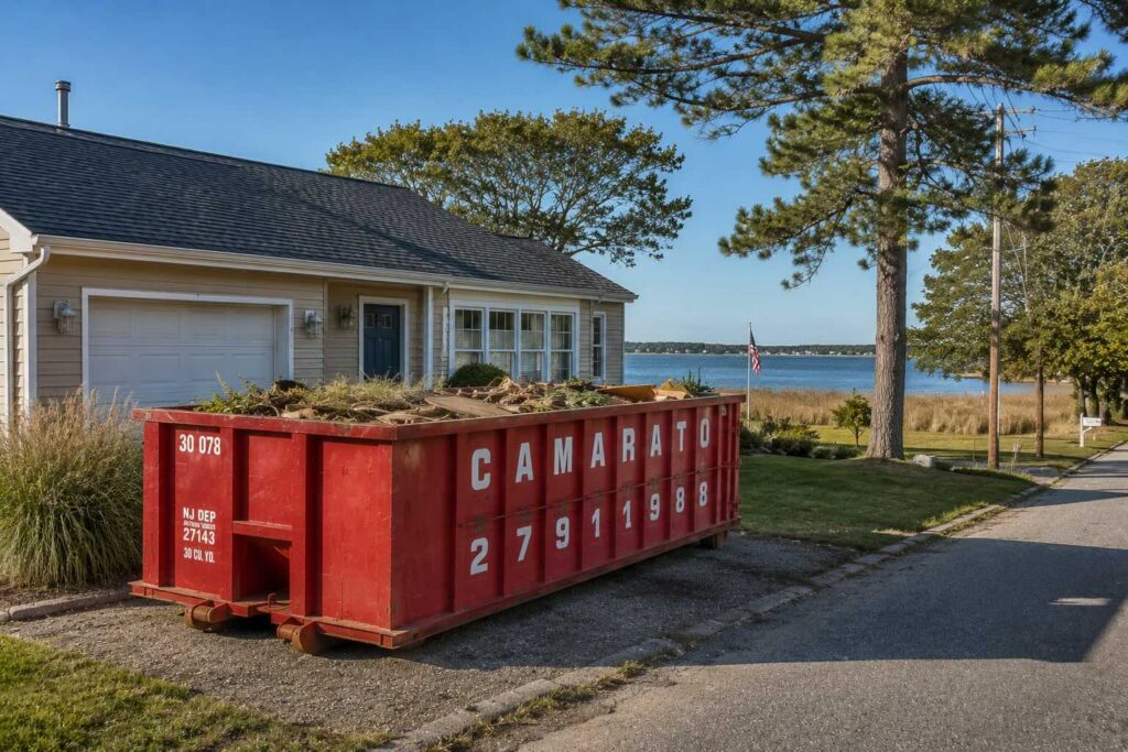 Large red roll-off dumpster filled with renovation debris and yard waste sitting in the driveway of a coastal New Jersey home with marsh grass and a calm bay visible in the background under warm afternoon sunlight.