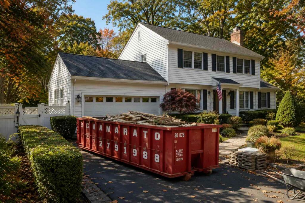 Red roll-off dumpster filled with drywall and lumber debris parked in the driveway of a well-maintained colonial home in a wooded New Jersey suburban neighborhood during a sunny autumn morning.