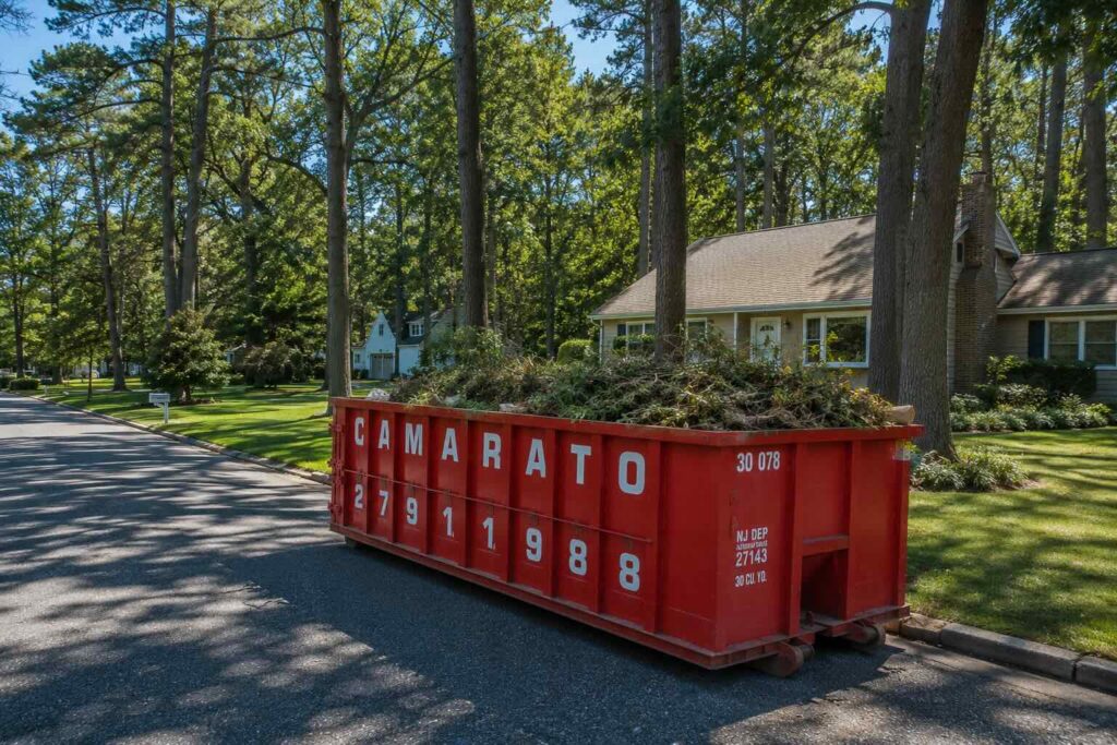Red roll-off dumpster filled with landscaping debris and tree branches placed curbside on a quiet tree-lined suburban street in a wooded New Jersey neighborhood under bright midday sunlight.