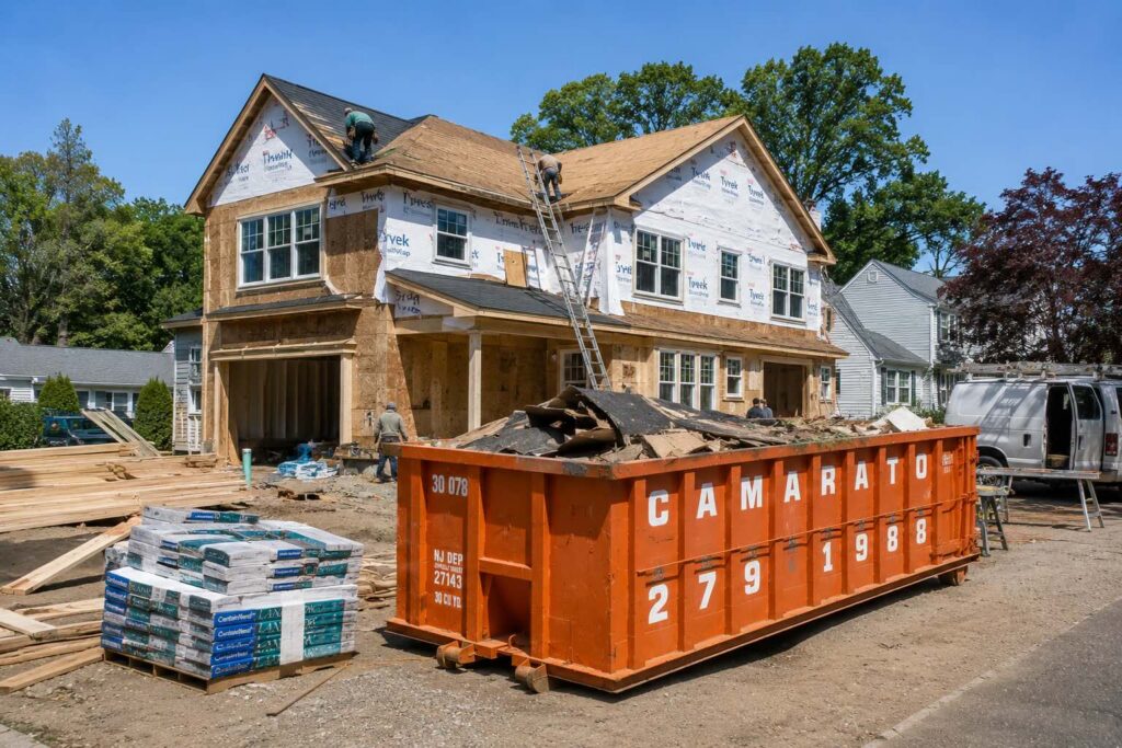 Orange roll-off dumpster filled with construction debris positioned beside a home under renovation at an active residential job site in a suburban New Jersey neighborhood on a sunny day.