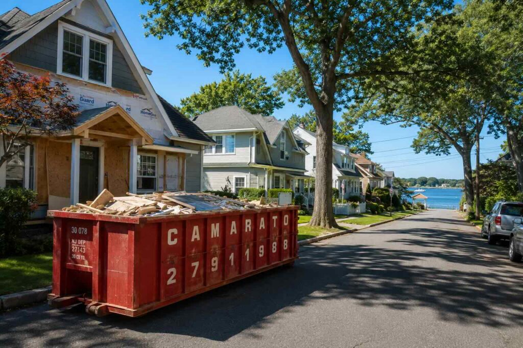 Red roll-off dumpster filled with renovation debris parked curbside beside a home under renovation in a quiet New Jersey waterfront neighborhood with tree-lined streets and a river visible in the background.