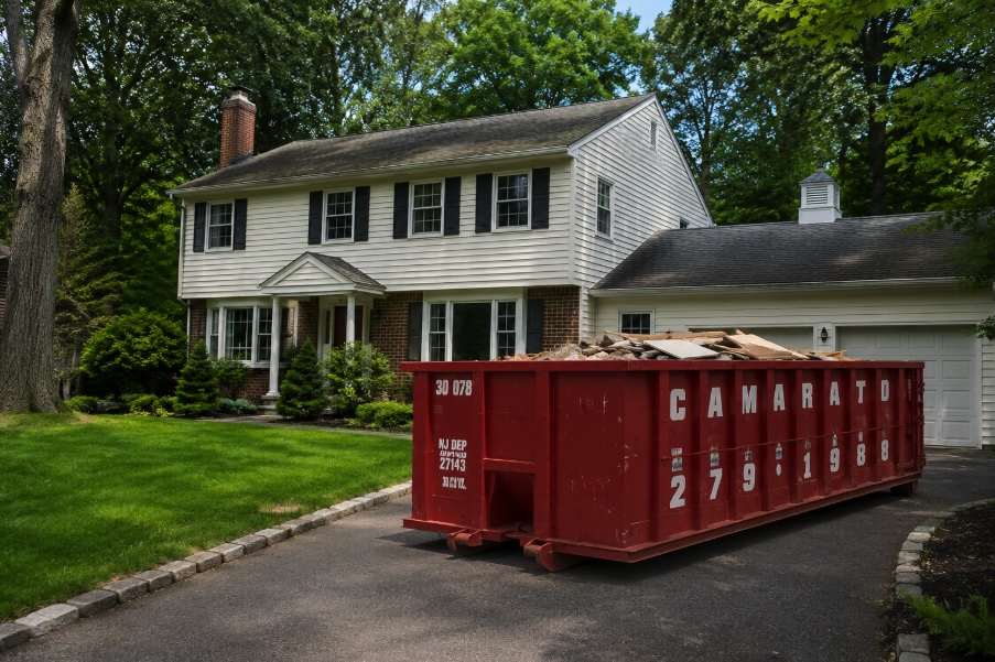 Red roll-off dumpster filled with renovation debris sitting in the driveway of a large suburban colonial home surrounded by mature trees in a wooded New Jersey neighborhood.