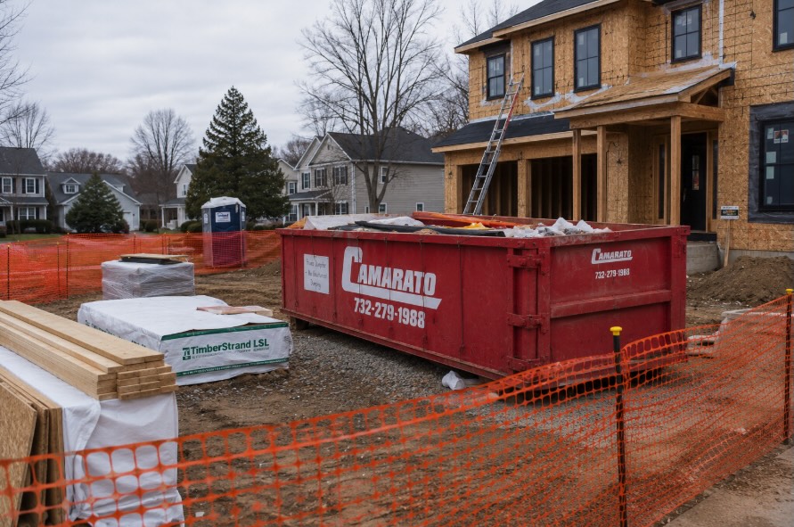 Construction site dumpster surrounded by temporary fencing at a New Jersey job site