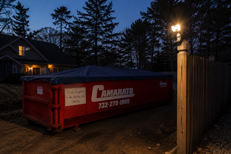 Motion-activated security light mounted near a roll-off dumpster at a New Jersey job site