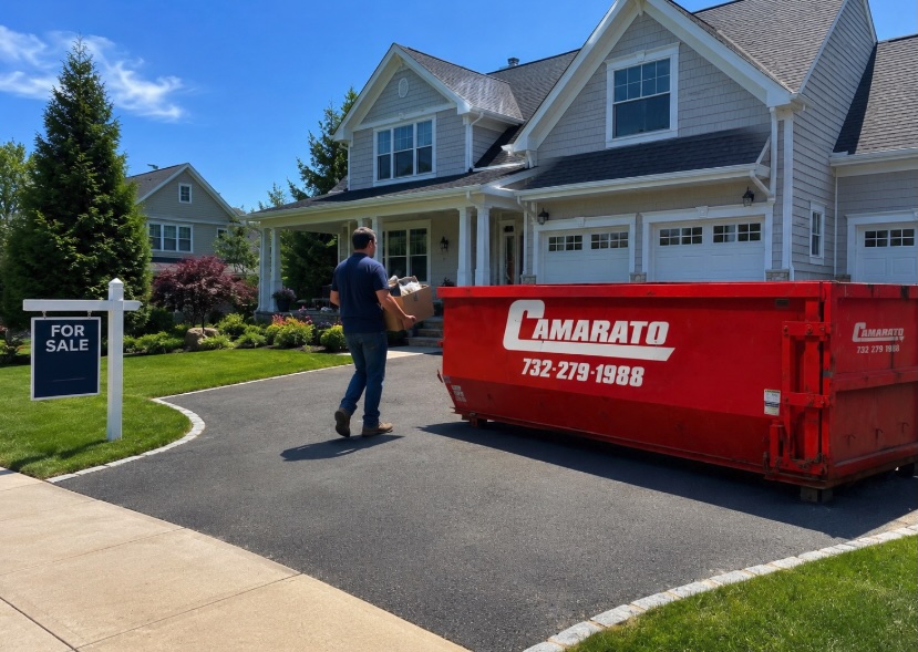 Roll-off dumpster parked in driveway of NJ home during pre-sale cleanout