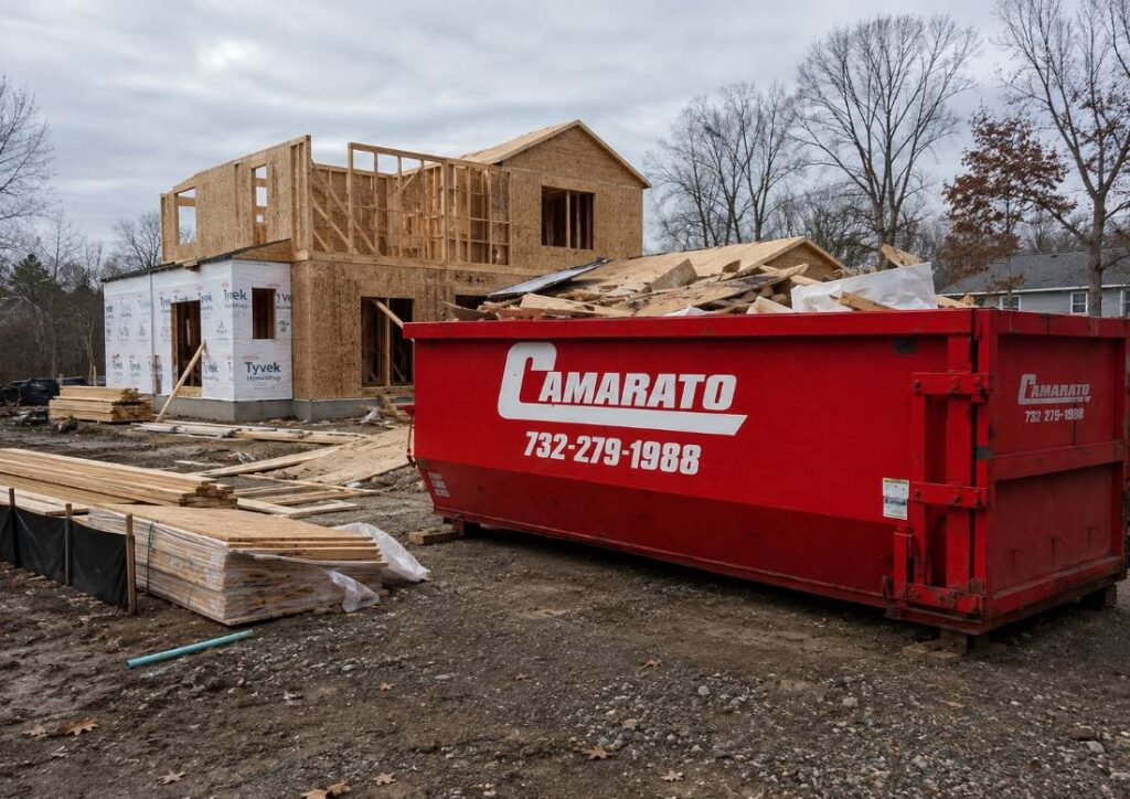 Large dumpster on a construction site during an extended New Jersey building project