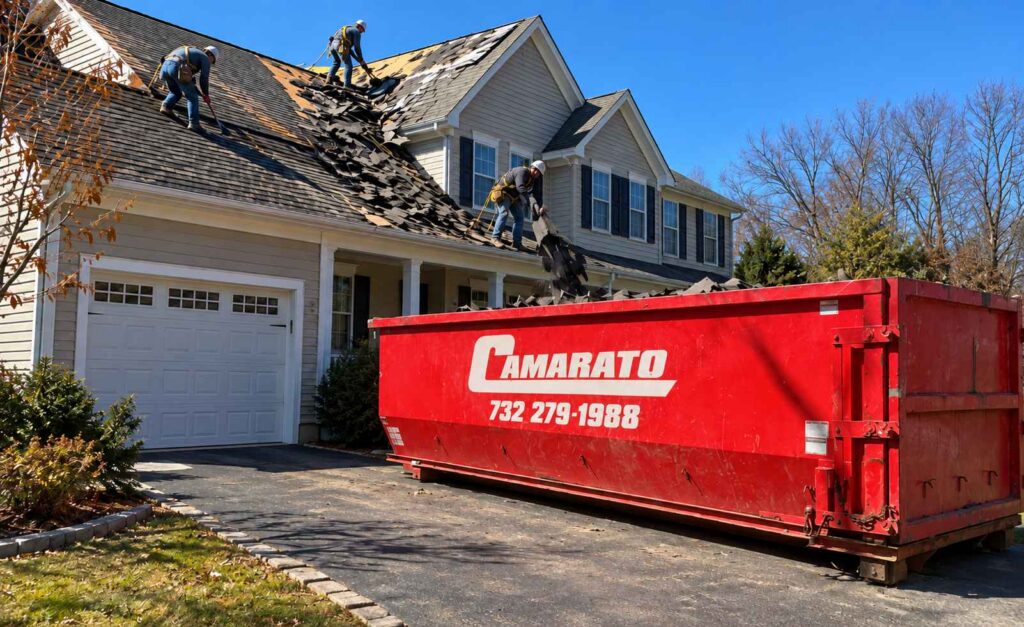 Roll-off dumpster in a New Jersey driveway during a roof shingle tear-off